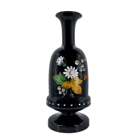 Antique Hand Blown Black Amethyst Glass Vase Hand Painted Floral Rough Pontil - Picture 1 of 6